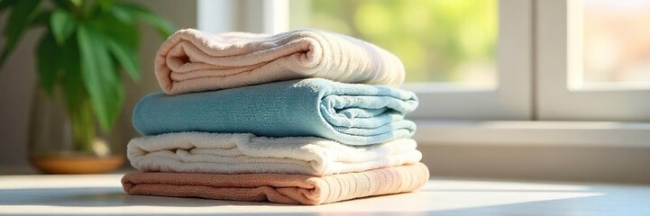 Sunlit Stack of Freshly Laundered Clothes Soft, Fluffy, and Neatly Folded Laundry Ready for Storage, Bright and Clean