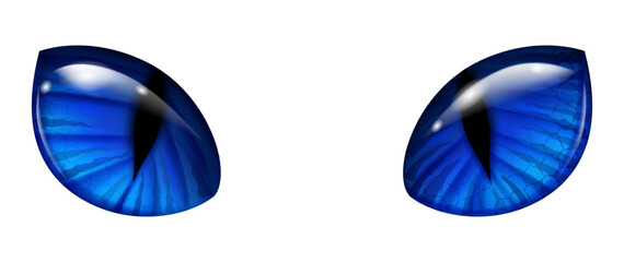 A pair of mesmerizing blue feline eyes with vertical pupils and intricate patterns in the irises, on a white background. The glossy surface reflects light, creating a lifelike depth and icy glow.