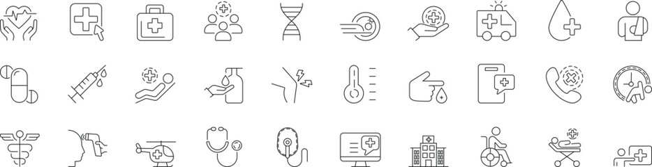  Minimalist healthcare line icon set with editable stroke, featuring medical elements like emergency, ambulance, oxygen mask, pills, and medicine in a thin linear style..