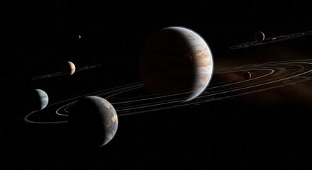 Planetary system illustration celestial spheres with rings in deep space