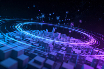 Futuristic cityscape with digital icons