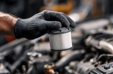 Close-up of a mechanic's gloved hand holding an oil filter over an engine bay