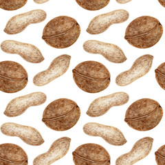 Walnuts and peanuts in shells, watercolor seamless pattern on a white background. Hand-drawn illustration of nuts. A healthy snack.