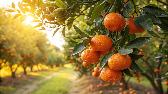 Mandarin hanging on tree in garden, Mandarin on tree in natural warm sunlight view