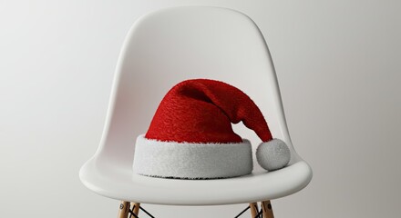 Red santa claus hat on white chair against plain backdrop