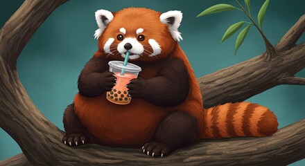 Red panda enjoying bubble tea while perched on a tree branch illustration