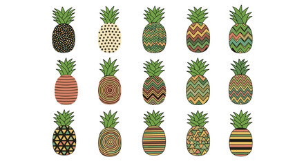 A colorful collection of artistic pineapple illustrations with unique geometric patterns and designs.