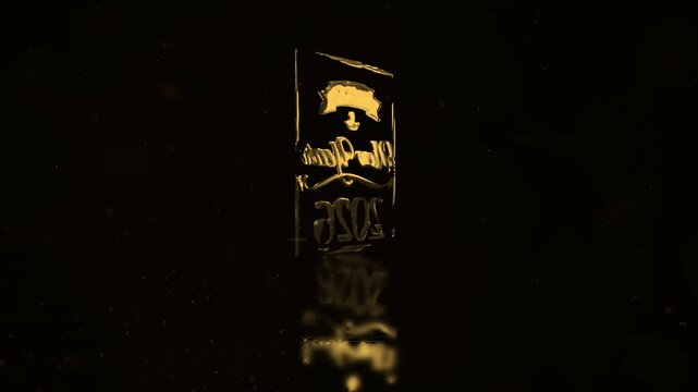 2026 Happy New Year golden text shine light effect in golden frame cinematic title on black abstract background