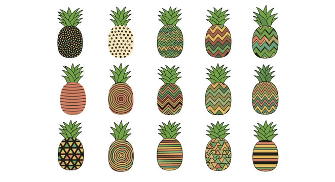 A colorful collection of artistic pineapple illustrations with unique geometric patterns and designs.