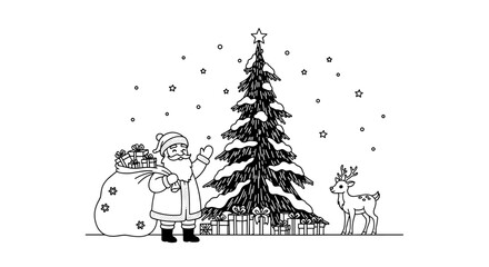 A cheerful illustration of santa claus with gifts next to a decorated christmas tree and a reindeer.