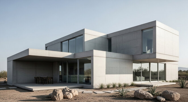 Modern minimalist house architecture design concrete home exterior with large windows and desert landscape