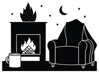 Vector art of silhouette of fireplace and armchair