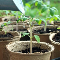 Watering young tomato seedlings