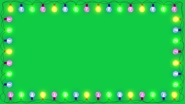 colorful one string lights border frame,new year and christmas light green screen animation, chroma key winter holiday and birthday party celebration 3drgb light show motion design element	