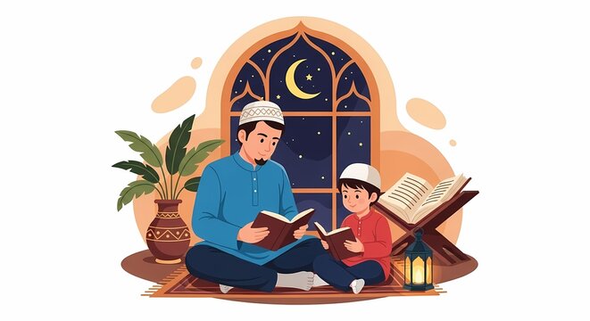 Muslim Father and Son Reading Quran Together During Ramadan - Islamic Family Illustration