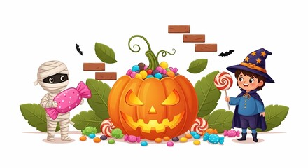 Naklejka premium Halloween Kids Trick or Treat Mummy Witch Costume Pumpkin Candy Cartoon Vector