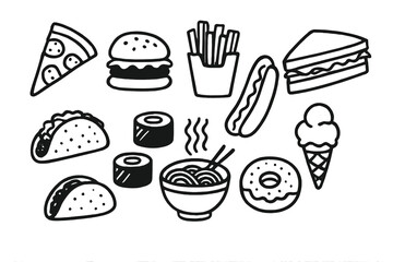 Hand-Drawn Food Icons. Food doodle icon set: hand drawn icons of pizza slice, burger, fries, hot dog, sandwich, taco, sushi roll,