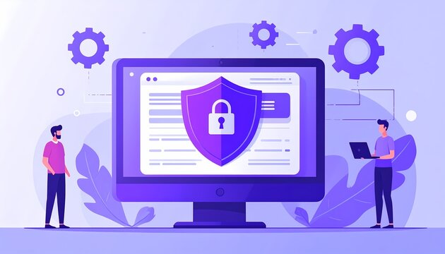 Cybersecurity Data Protection Shield Computer Screen Vector Illustration Flat Design