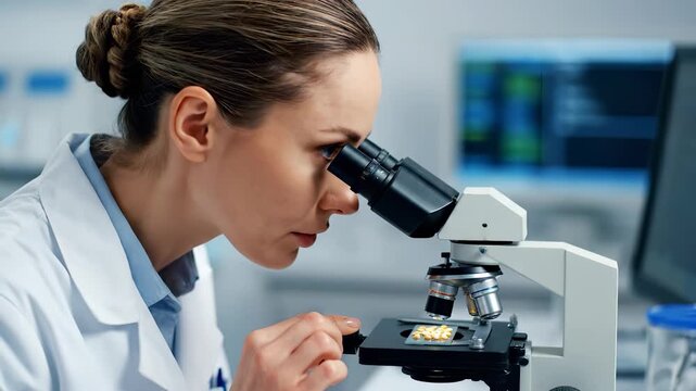 A woman carefully examines a sample using a microscope, as the woman adjusts the focus for clearer observation through the microscope. The woman in a lab coat is focused on her res