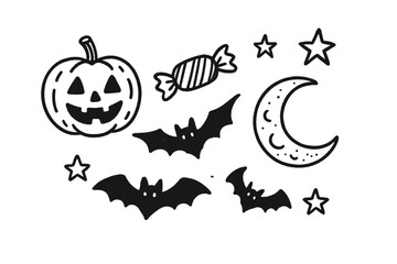 Fototapeta premium Halloween Doodle Icons. Halloween fun doodle icon set: hand drawn icons of pumpkin, candy, bats, moon, and stars. isolated