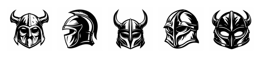 Collection of viking warrior helmets featuring horns and intricate designs