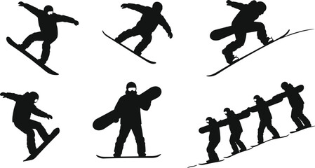 Dynamic snowboarder silhouette vector set showing extreme winter sports tricks, freestyle jumps, downhill action, adventure lifestyle, athletic poses, outdoor snowboarding illustration