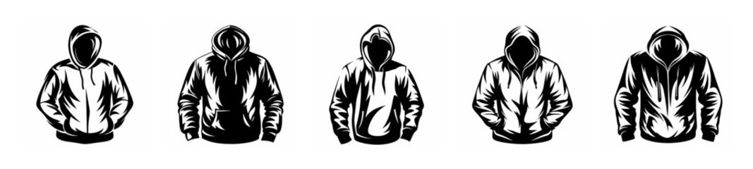 Collection of five distinct artistic renderings of a hooded jacket showcasing diverse stylistic interpretations