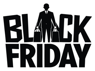 Vector art of black friday sale banner with man and shopping bags