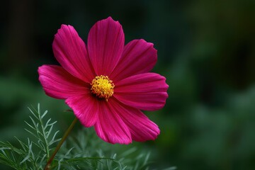 Obraz premium A bright pink cosmos flower with a yellow center stands out against a blurred green background