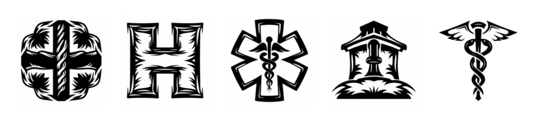 Collection of historic and modern medical symbols featuring caduceus star of life and holy cross designs