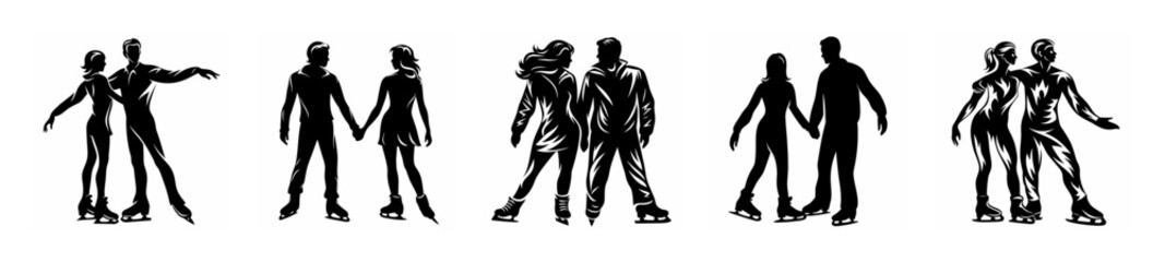 Silhouettes of ice skating couples in dynamic poses on a capturing movement and grace.