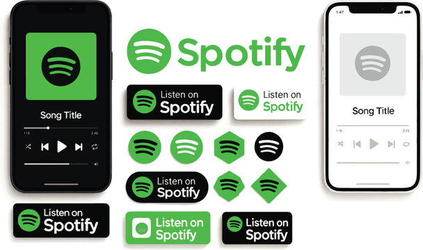 Collection of spotify logos and branding elements displayed on a white background with two smartphones showcasing the app interface