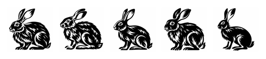 Five stylized jackrabbit silhouettes in a row artistic black and white depiction
