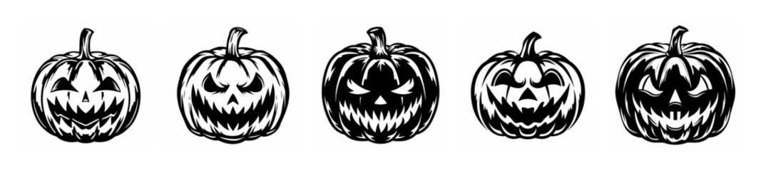 Five spooky jack-o-lantern faces with carved expressions for halloween decorations and celebrations