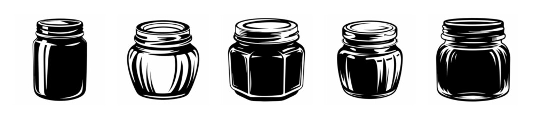 Collection of five small clear glass jars with metal lids for storage and preservation