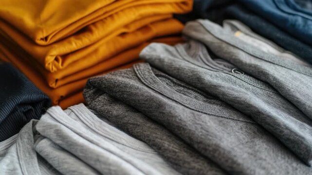 video A pile of shirts stacked on a table, great for commercial or editorial use