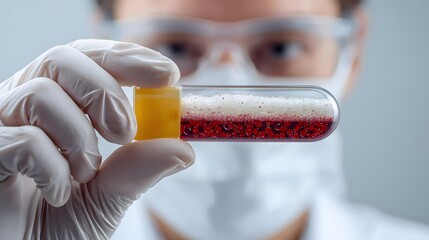 Analysis of a Medical Sample A researcher examines a vial containing a layered substance for science.