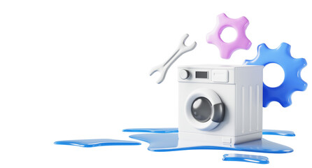 3d washing machine repair service banner. Broken washer with water leak, liquid puddle on floor, wrench and gears on blue background. Damaged laundry equipment, home appliances repair