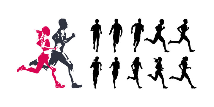 Run, group of running people. Marathon running men and women, set of isolated vector silhouettes. Track and field athletes