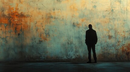 Silhouette of a person standing against a textured wall with vibrant colors in an urban setting during twilight