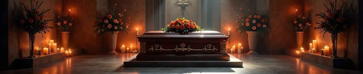 Peaceful Remembrance Ornate Casket in Dimly Lit Chapel, Surrounded by Flowers and Candles, Evoking Quiet Comfort and Final Farewell.
