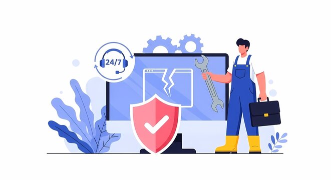 24/7 Tech Support Service Worker with Shield Protection and Computer Repair Concept