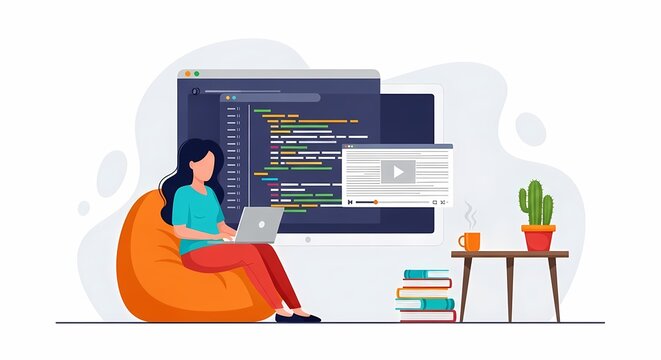 Female Developer Coding on Laptop with Code Screen - Remote Work Flat Vector Illustration