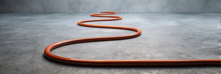 Curved orange heating pipe lying on gray concrete floor in minimalistic setup. Concept of underfloor heating installation, simplicity, and energy efficiency for industrial and architectural visuals