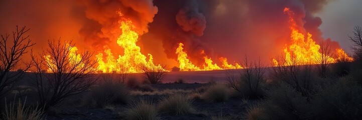 Dramatic Wildfire Inferno Fierce Flames Engulfing Dry Brush, Creating a Stunning Visual of Intense Heat, Smoke, and Vibrant Orange and Yellow Colors Against Blackened Earth.