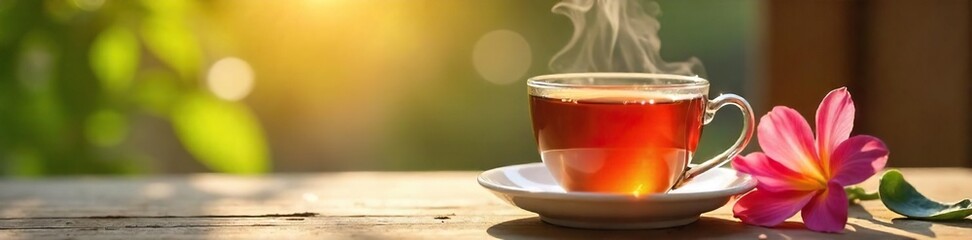 Serene Sunlight Illuminates a Steaming Cup of Tea and Blooming Flower, Evoking Calm and Relaxation for Wellness and Self-Care Content