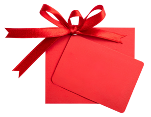 Red gift tag with ribbon and bow isolated on a transparent background.