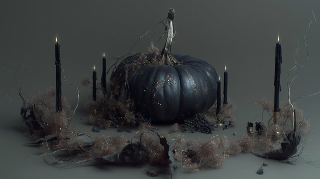 Citrouille noire entour&eacute;e de bougies noires et de d&eacute;corations sombres, ambiance mystique et &eacute;l&eacute;gante d&rsquo;Halloween