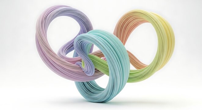 A vibrant, abstract sculpture of intertwined, pastel-colored strands forming an intricate knot against a clean white background, evoking a sense of fluidity and connection.