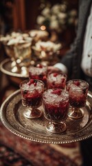 Fototapeta premium Elegant silver trays hold exquisite cocktails adorned with fresh raspberries and ice, perfect for upscale gatherings and celebrations showcasing delightful drink presentations.